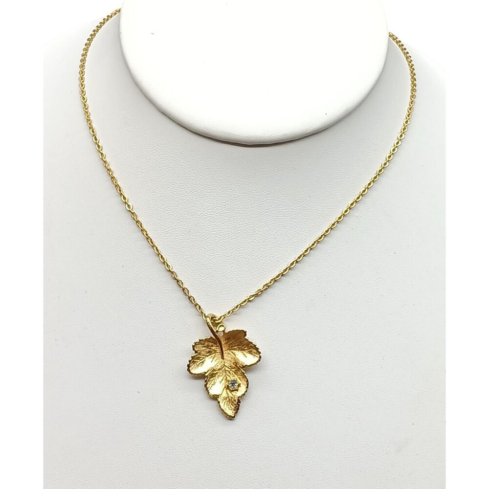 Vintage Avon Radiant Leaf Pendant Choker with Clear Crystal on Gold Tone Chain